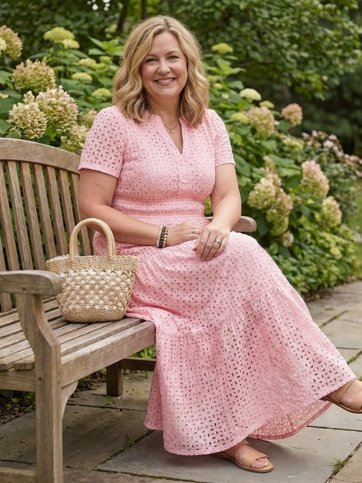 Elegant women's pink tiered midi dress. Casual short-sleeve summer style for comfort.