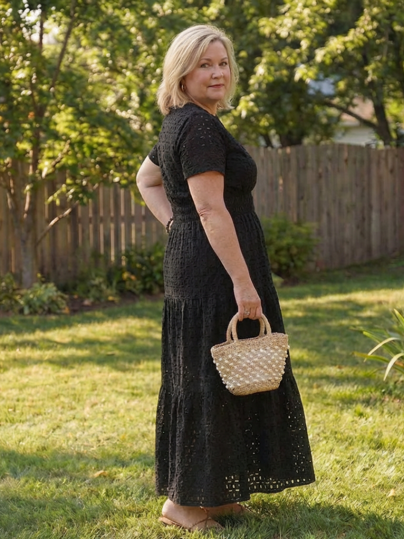 Women's pink midi tiered sundress. Perfect for casual, elegant summer style.