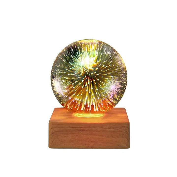 Close-up of a 3D firework crystal ball lamp, showcasing its mesmerizing starburst light effect.