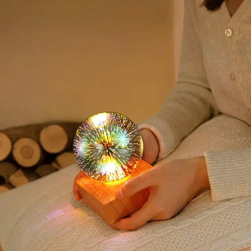 Stunning 3D LED crystal ball lamp displaying a dynamic firework light, enhancing any room's ambiance.