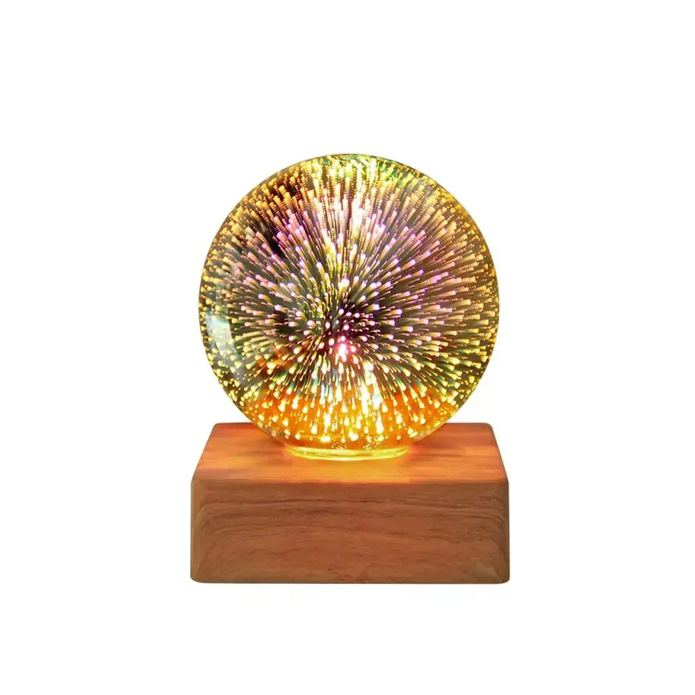 Modern crystal ball night light with a captivating 3D firework design, suitable for bedroom or desk decor.