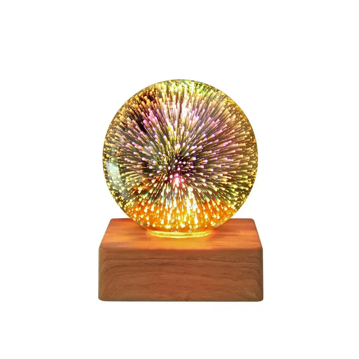 Modern crystal ball night light with a captivating 3D firework design, suitable for bedroom or desk decor.