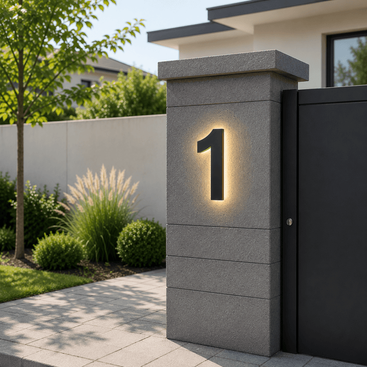 Modern LED house number '5' on a dark wall, illuminated for clear address identification.