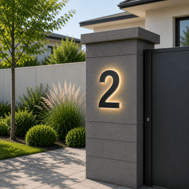 Sleek LED house numbers '123' at night, providing bright, modern outdoor lighting for home exterior.