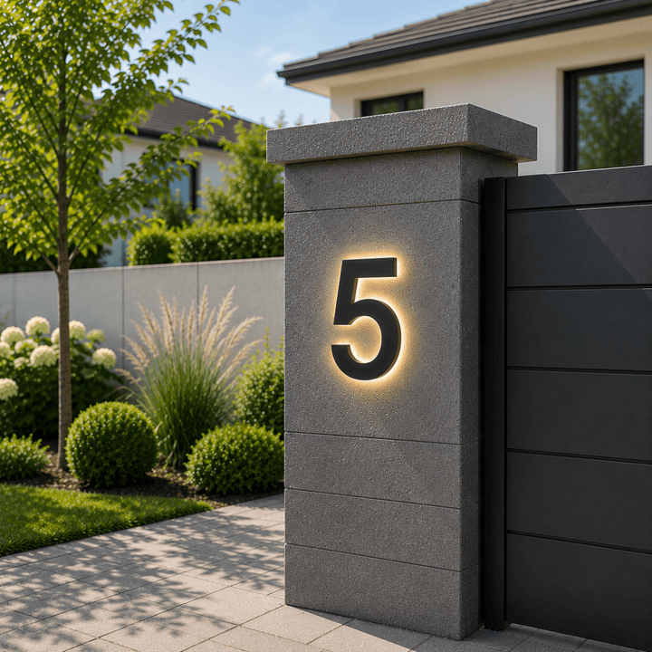 Close-up of a brushed metal LED house number '2', showing modern design and quality.