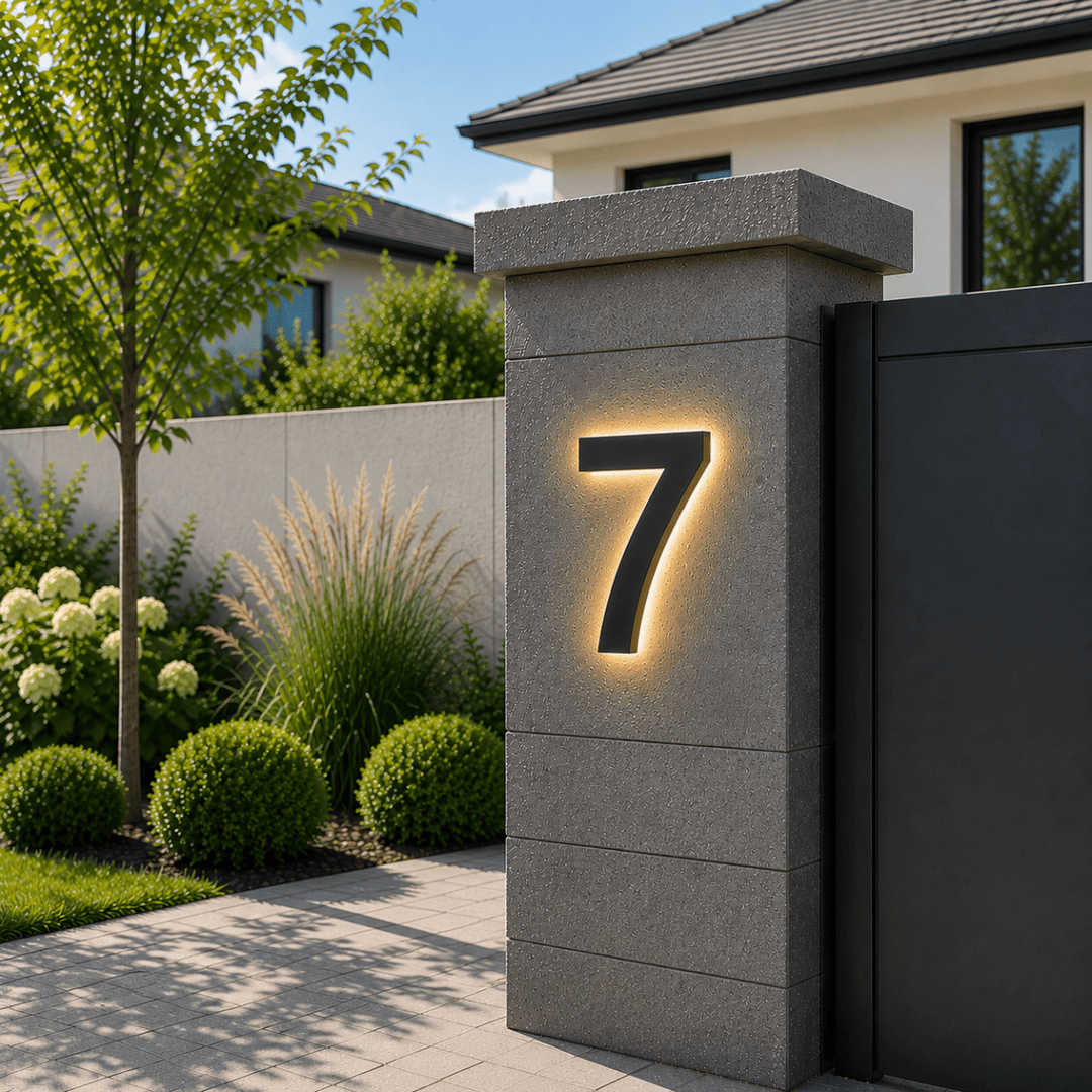 Set of modern LED house numbers installed on a brick facade, enhancing any home's curb appeal.