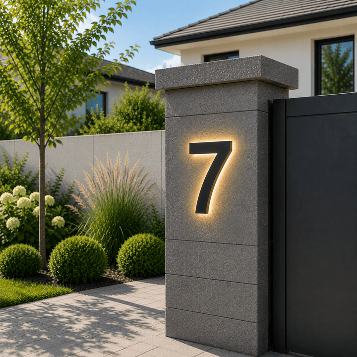 Set of modern LED house numbers installed on a brick facade, enhancing any home's curb appeal.