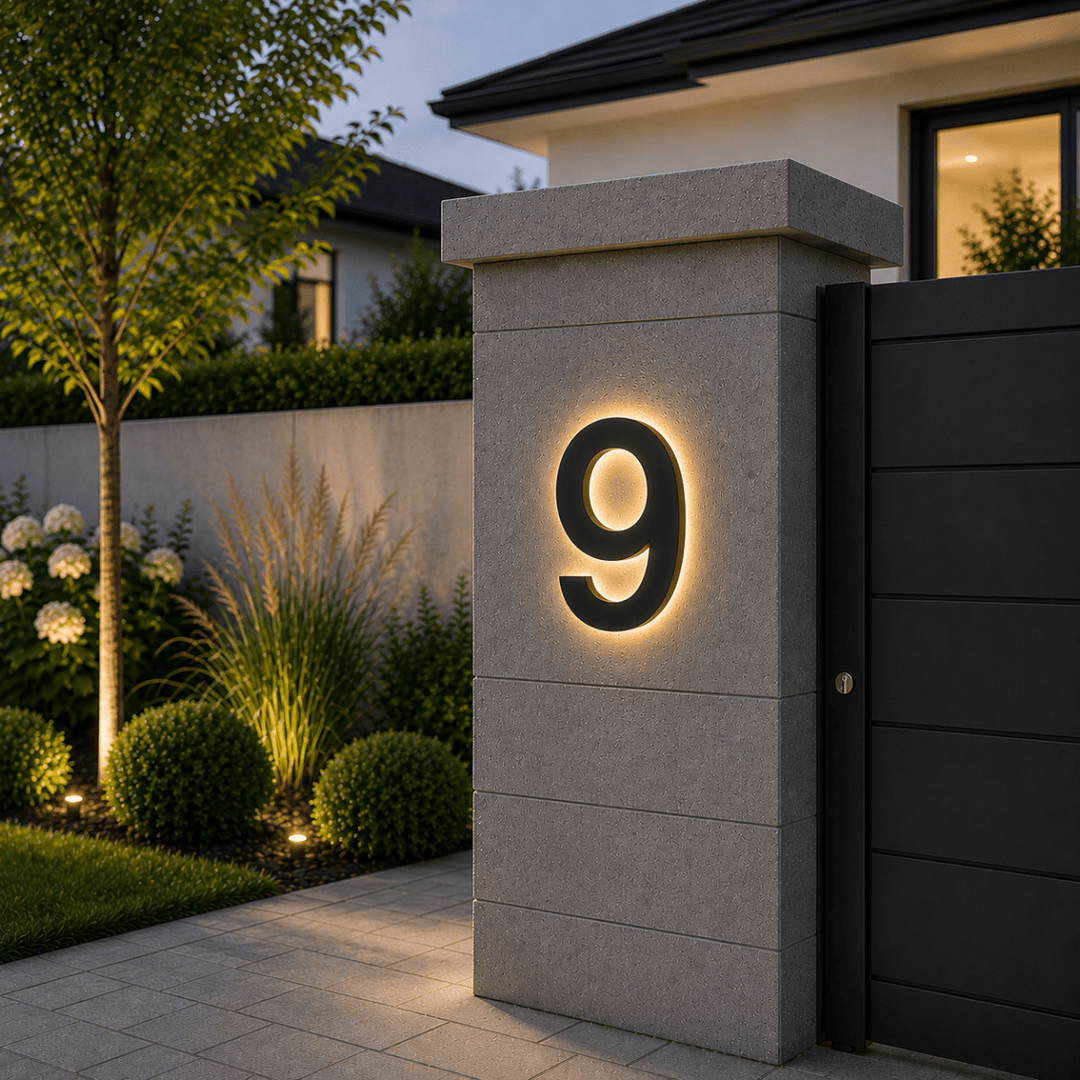 Front view of a house with illuminated LED address numbers '678', boosting nighttime visibility and decor.