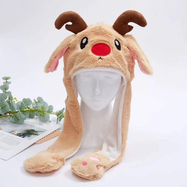 Bear Moving Ears Hat, playful interactive design. Soft plush fun accessory for kids & cosplay.