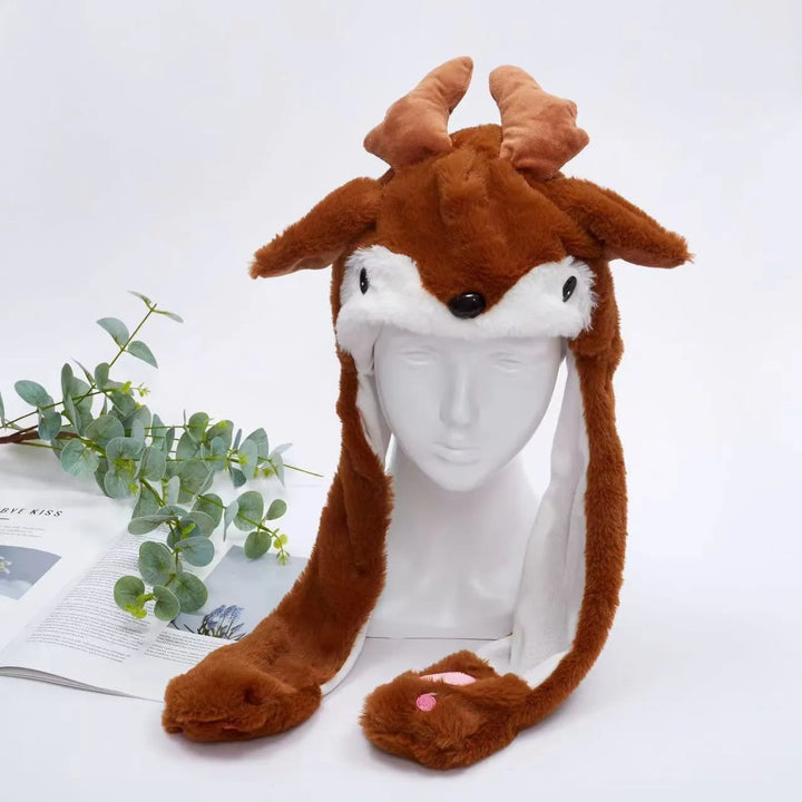 Interactive Plush Animal Hat with moving ears. Unisex playful accessory, perfect for parties.