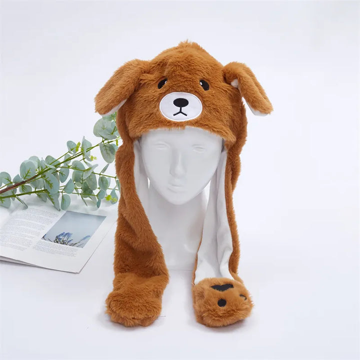 Playful Moving Ears Hat, squeeze paws for ear movement. Interactive fun accessory & unique gift.