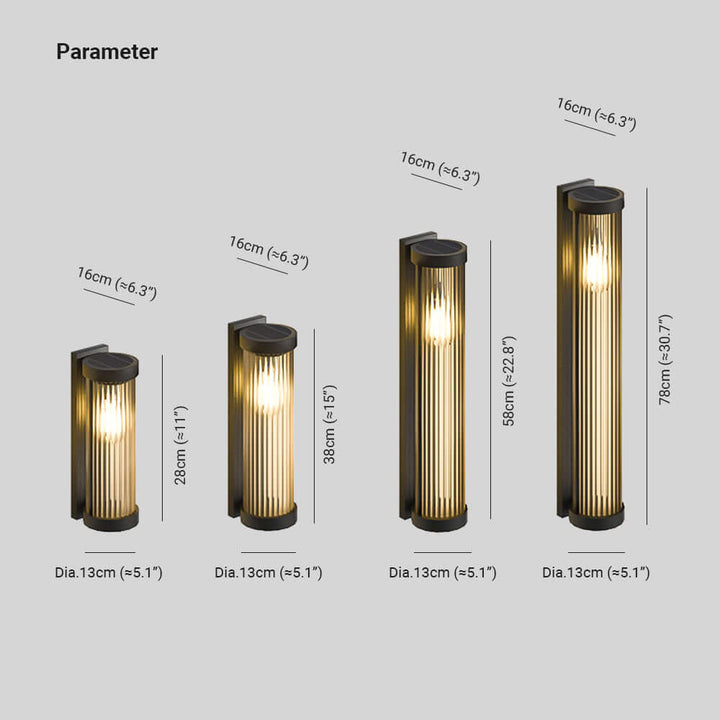 Modern outdoor cylindrical solar lamp. Metal & glass LED pathway light, perfect for garden ambiance.