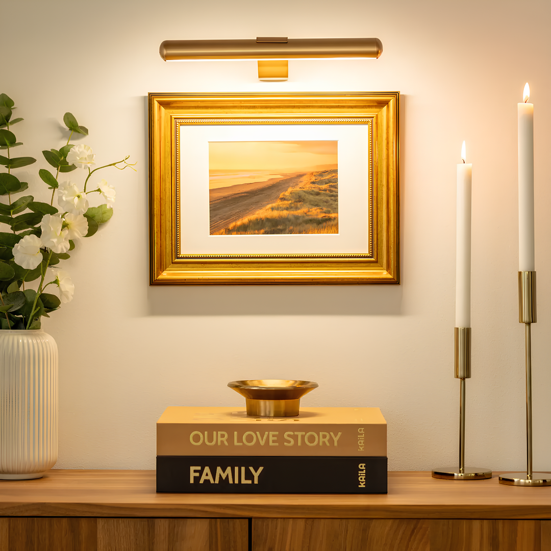 Adjustable brightness cordless LED art light. Dimmable, rechargeable with remote for perfect wall ambiance.