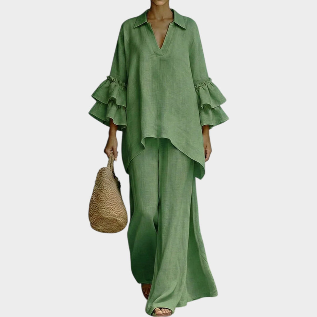 Relaxed fit women's flowy top & wide leg pants set, a comfortable and stylish two-piece for resort fashion.