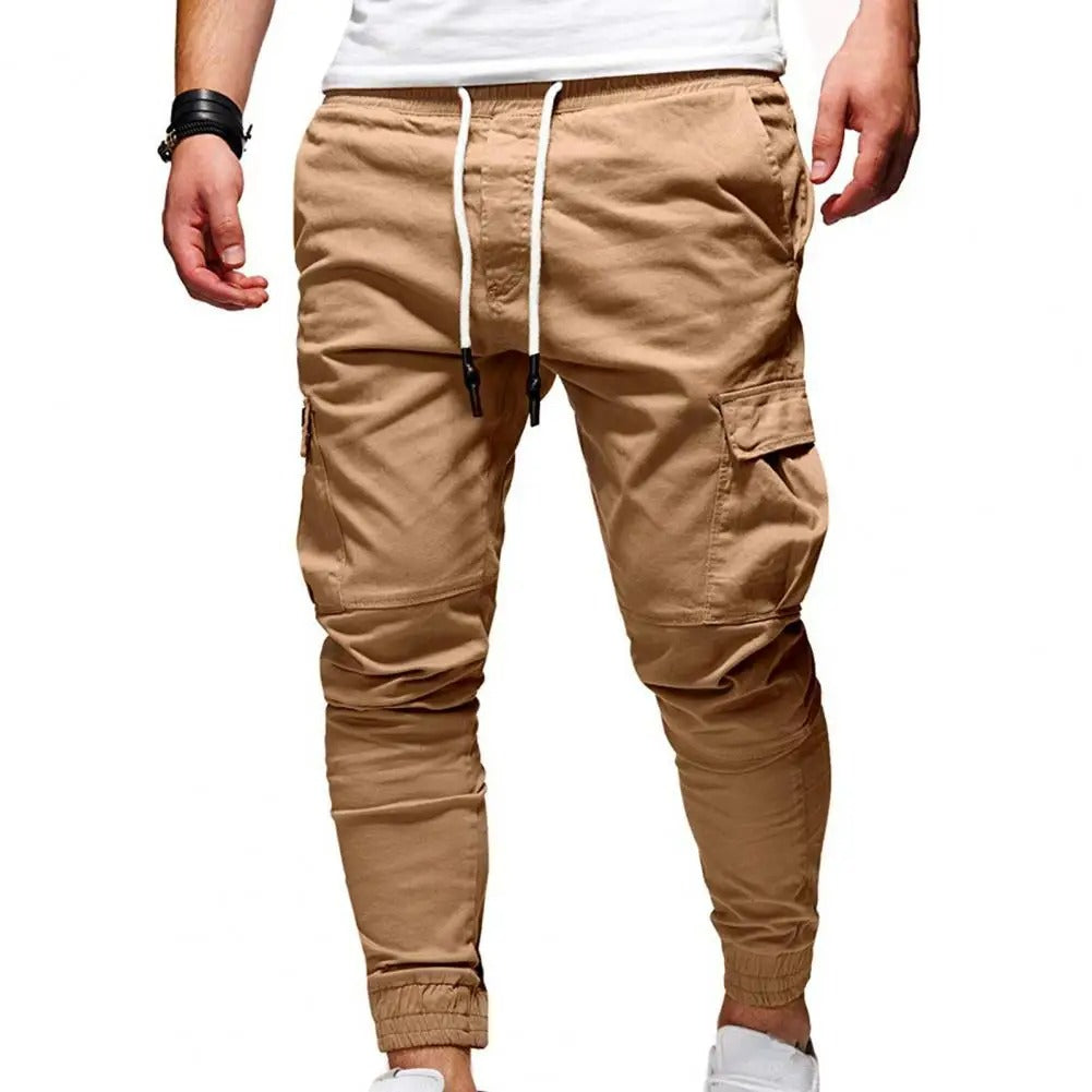 Durable men's Ethan stretch cargo pants with utility pockets, ideal for travel, outdoor activities, or work.