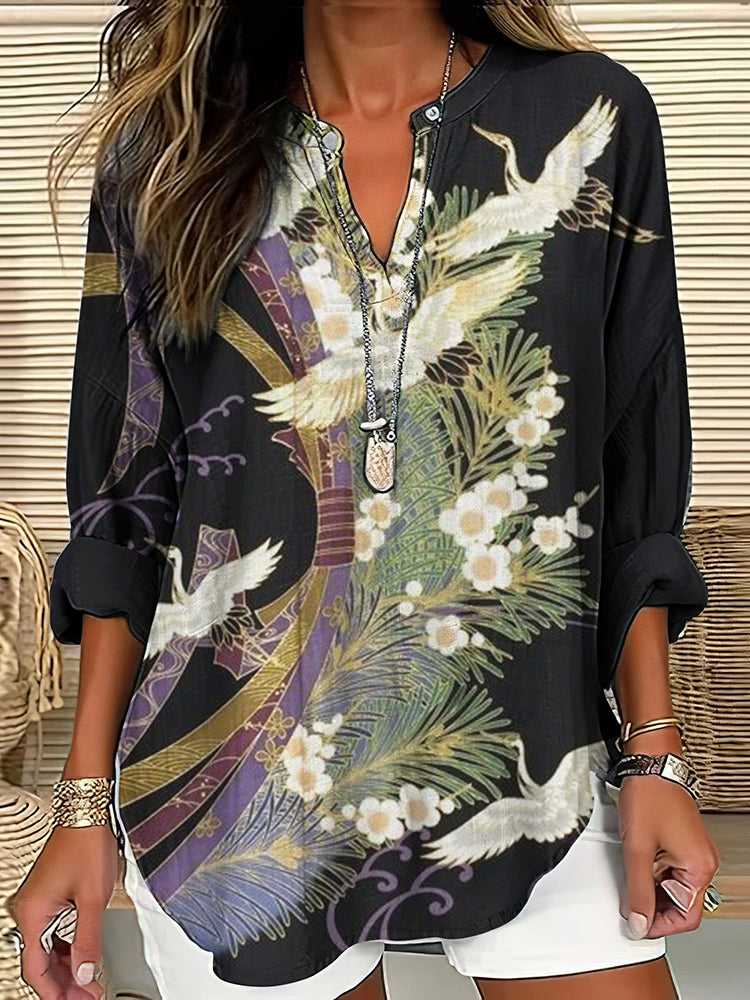 Elegant Amity women's blouse with sophisticated flight print, a versatile long-sleeve top for casual or chic fashion.