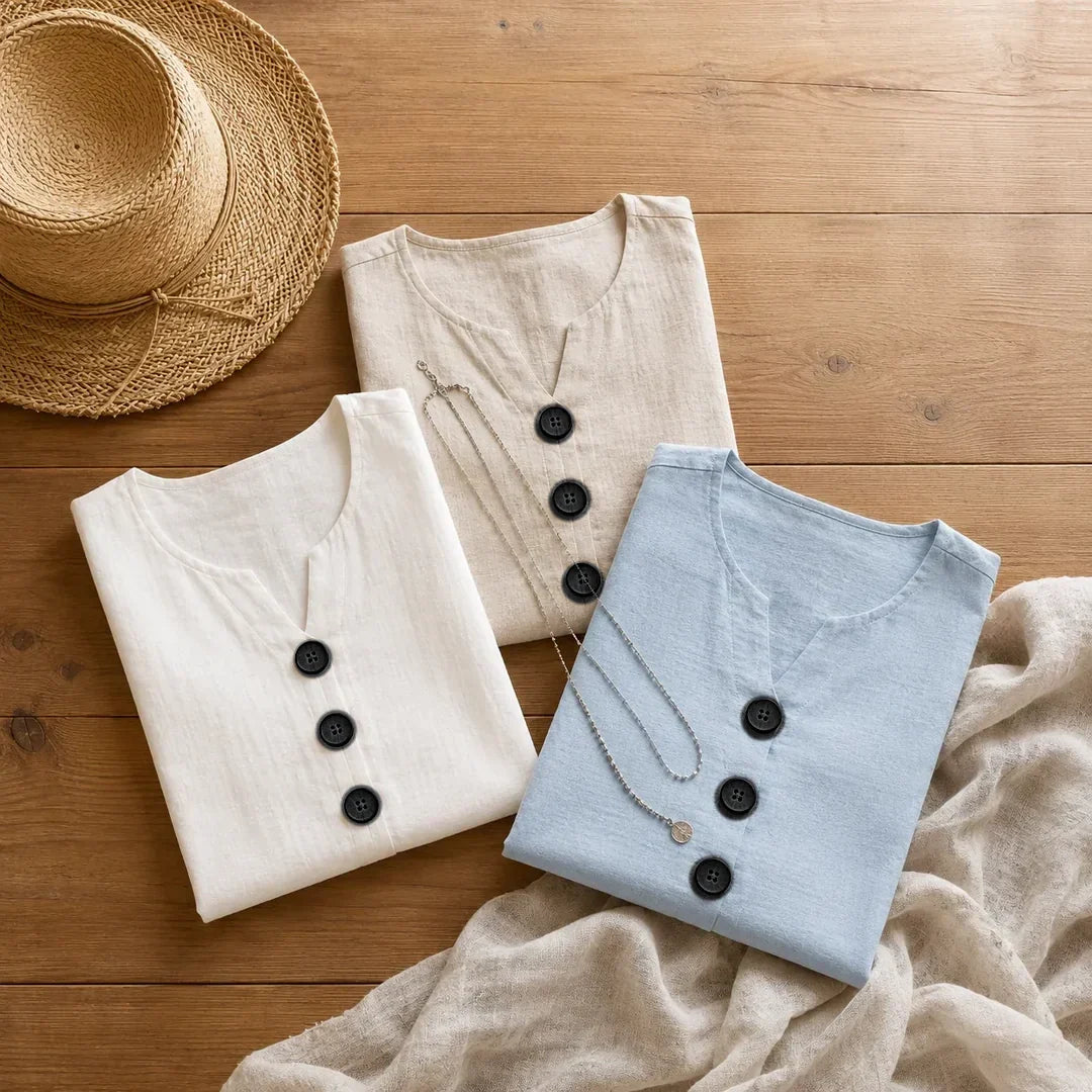 Everyday women's top, sleeveless V-neck, and functional buttons, relaxed fit.
