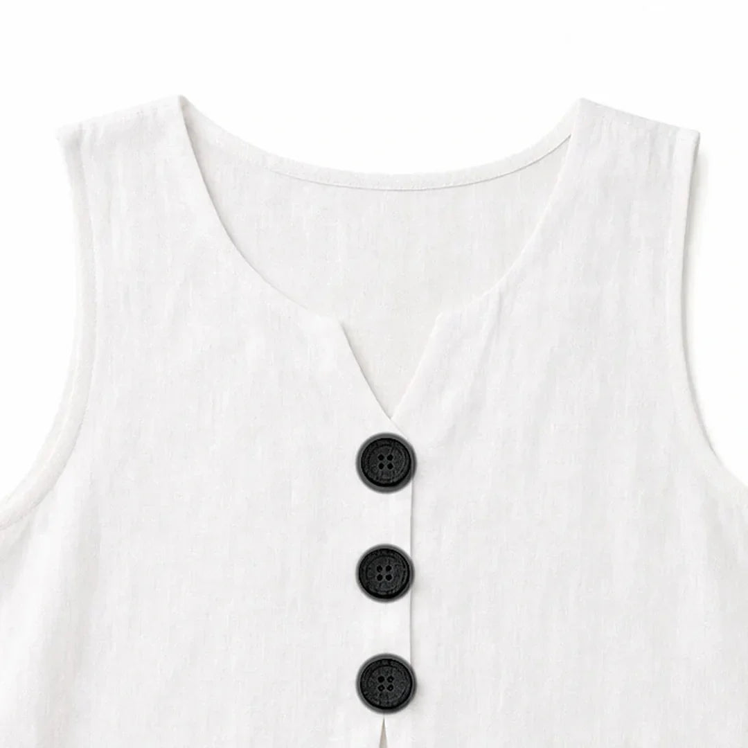 Stylish V-neck tank top for women, sleeveless, with elegant front button details.
