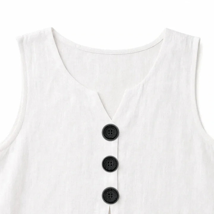Stylish V-neck tank top for women, sleeveless, with elegant front button details.