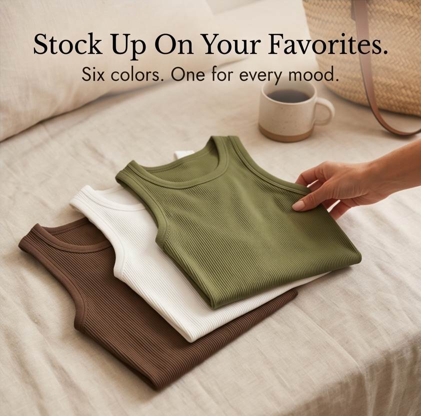 Women's casual ribbed tank top with built-in bra, offering seamless support.