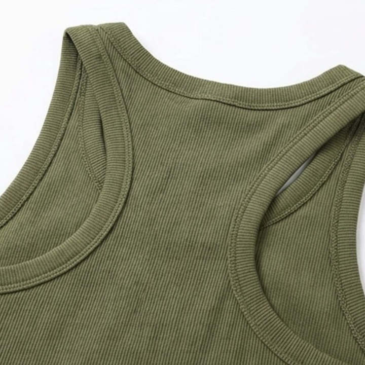 Modern ribbed tank top, women's sleeveless design with built-in bra for versatility.