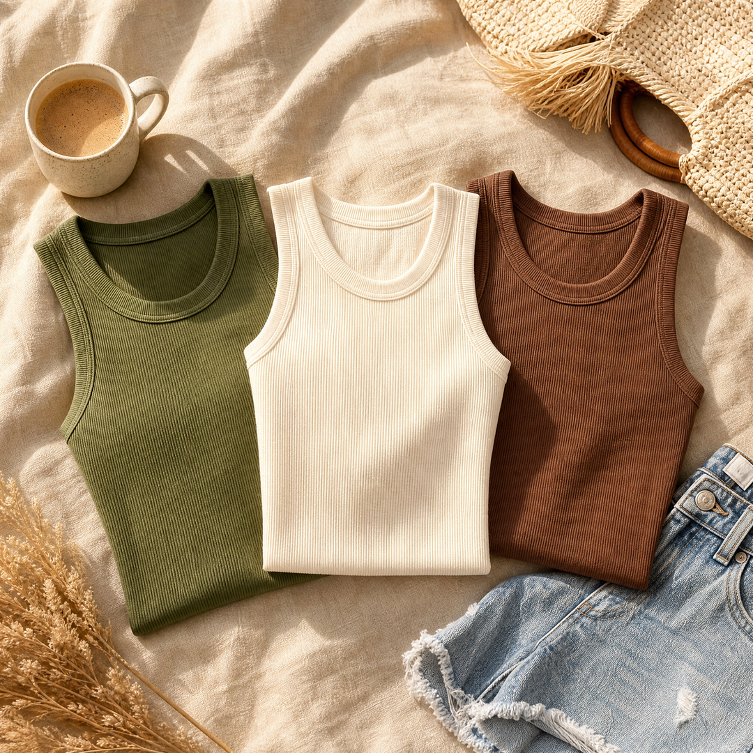 Stylish sleeveless women's top: ribbed fabric, racerback design, and built-in bra.