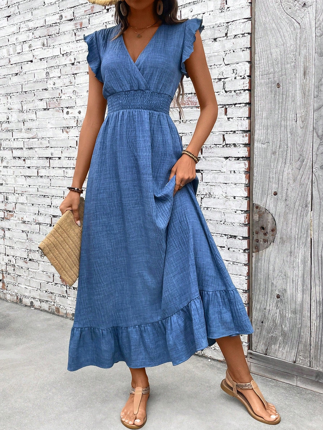 Elegant women's wrap maxi dress with flowy ruffle hem & smocked waist. Perfect for summer casual, spring fashion.