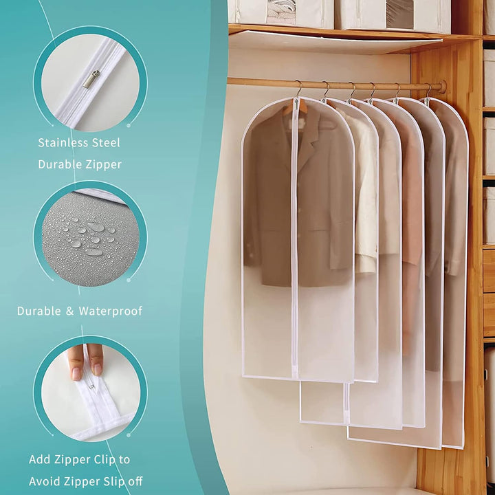 Unisex transparent PEVA suit covers, 12-pack, ideal dustproof clothes protectors for dresses & coats.