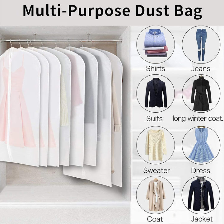 Closet organization with 12 clear PEVA garment bags, dustproof covers for long-term clothes storage.