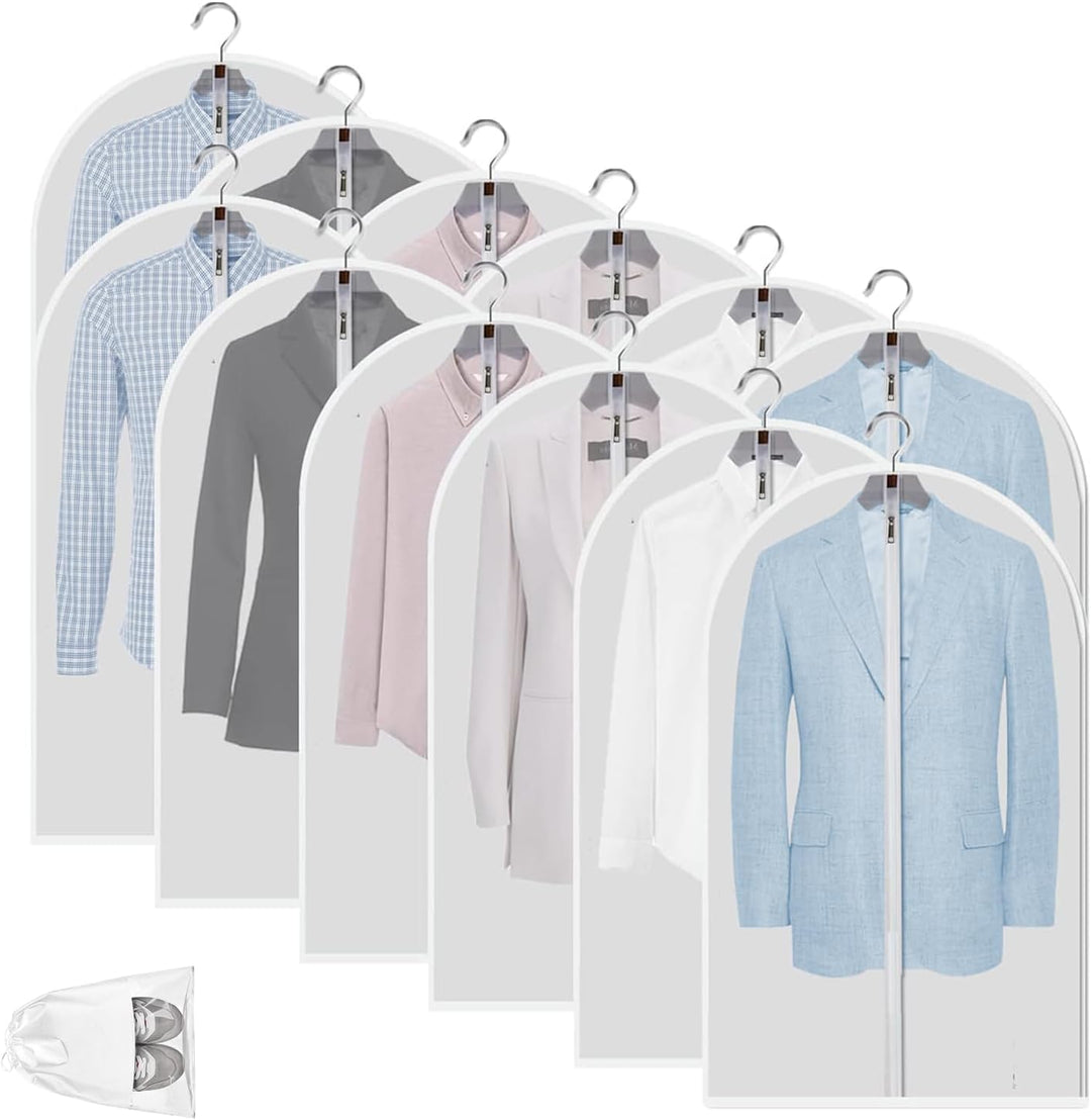 Value pack of 12 clear PEVA garment bags, dustproof protectors for suits, dresses, coats.