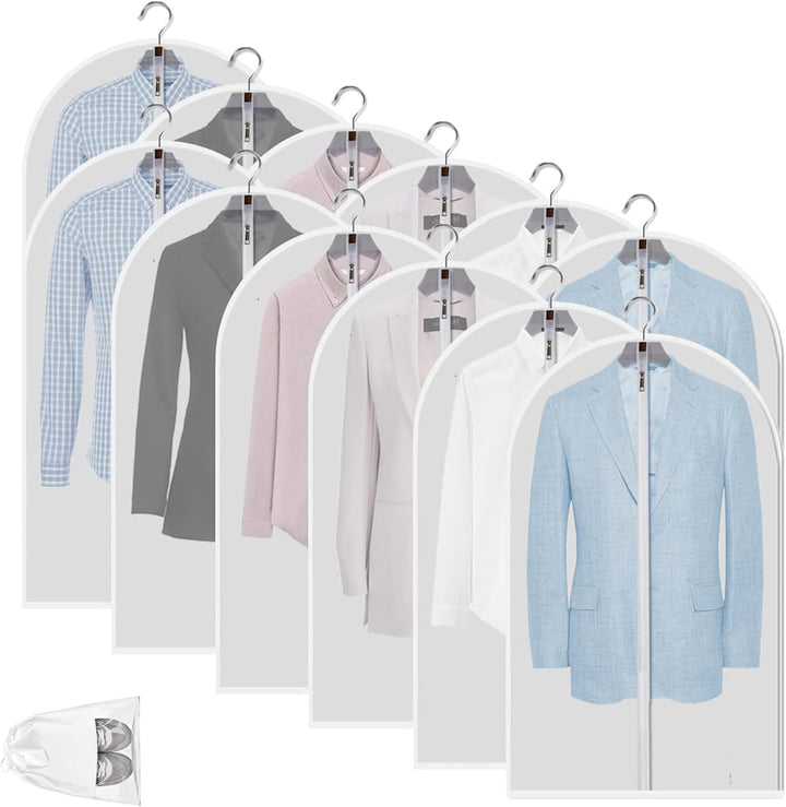 Value pack of 12 clear PEVA garment bags, dustproof protectors for suits, dresses, coats.