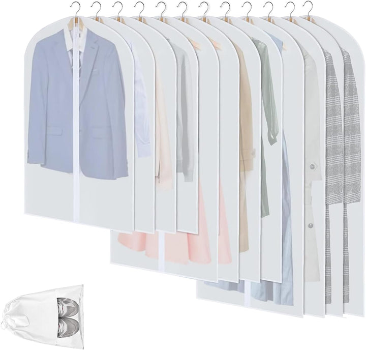 12-pack clear PEVA garment bags, dustproof clothes protectors for wardrobe storage & organization.