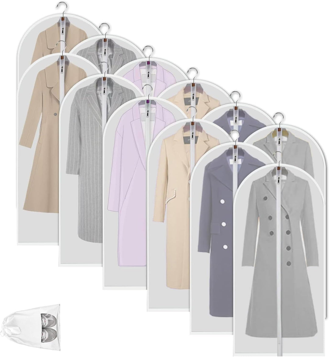 12-count clear PEVA garment bags, dustproof clothes protectors, perfect for closet and travel use.