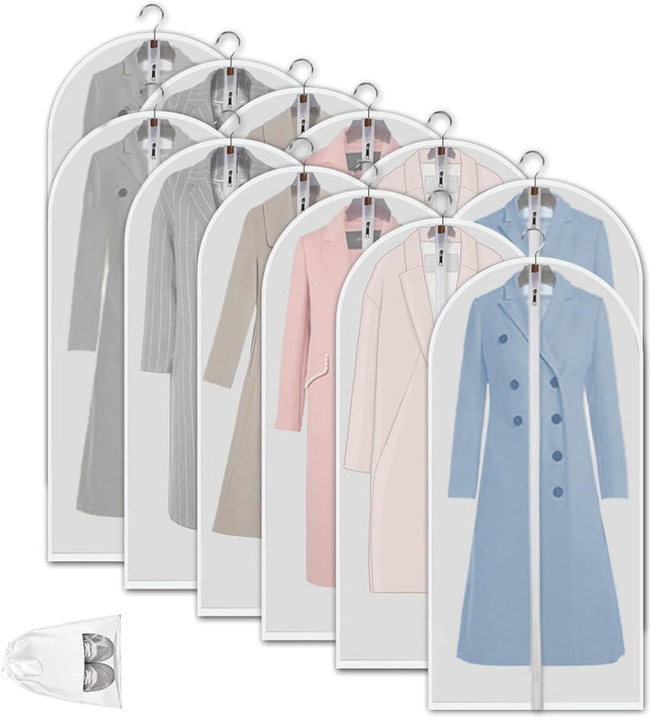 Travel-friendly 12 clear PEVA garment bags, dustproof covers for suits, dresses & wrinkle-free travel.