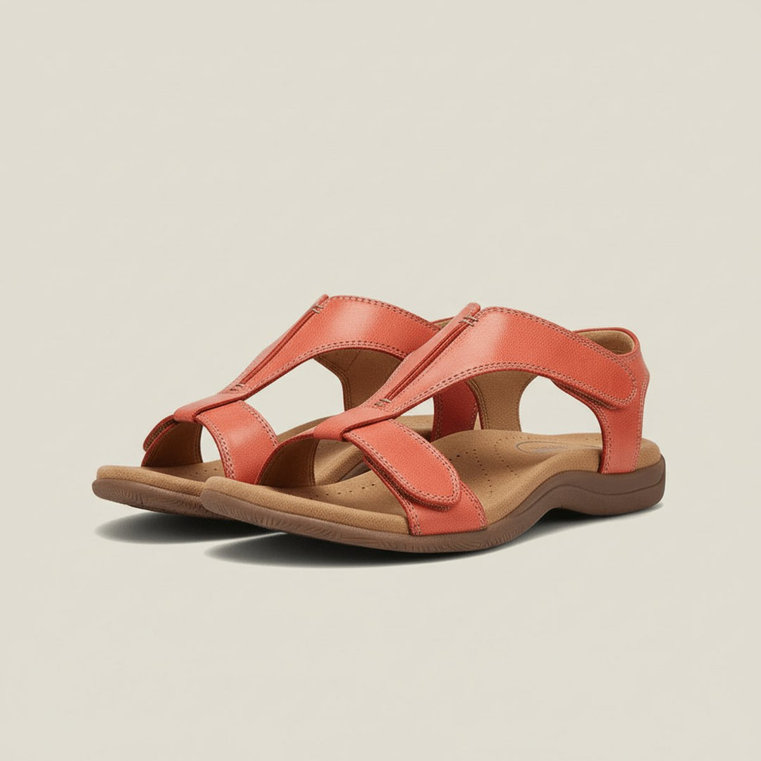 Lightweight women's walking sandals with a comfortable T-strap design and adjustable hook-and-loop.