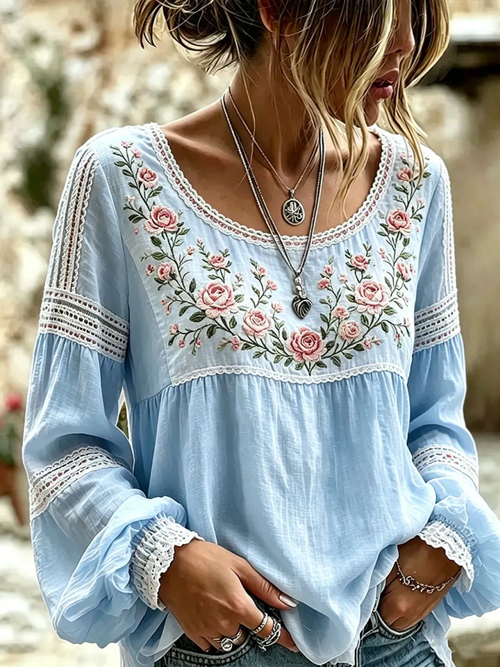 Elegant women's casual long sleeve blouse featuring intricate embroidery, ideal for everyday style.