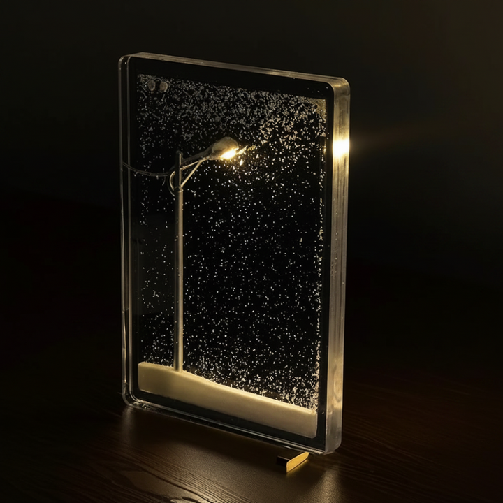 Elegant winter snowfall table lamp with LED lights, offering soothing mood lighting for relaxation and festive home decor.
