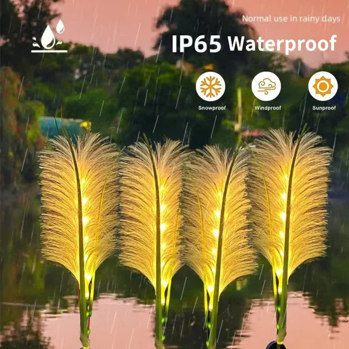 Modern reed-look accent lights, ideal for stylish patio decor and garden illumination.