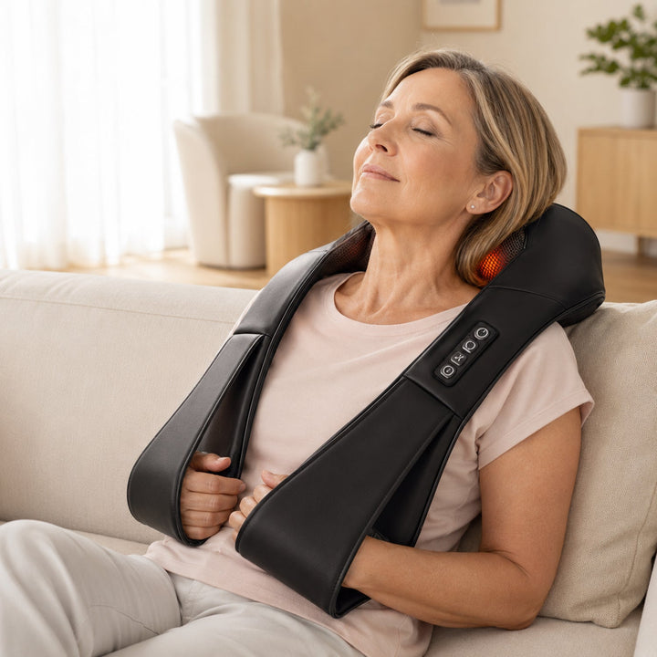 Deep tissue heated neck and shoulder massager, shiatsu nodes for muscle pain and tension relief. Home therapy device.