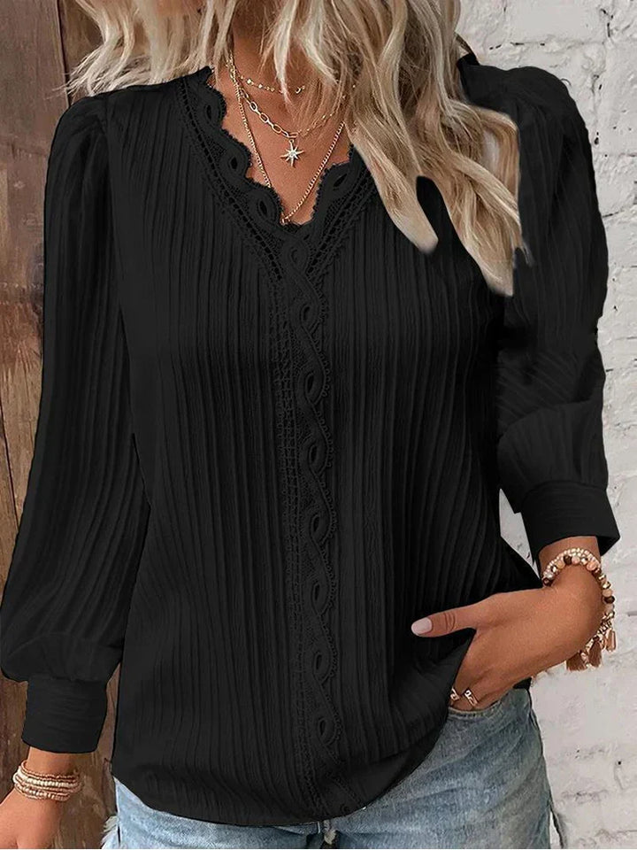 Women's ribbed V-neck long sleeve blouse, perfect for casual chic autumn fashion. Versatile and elegant daily wear.