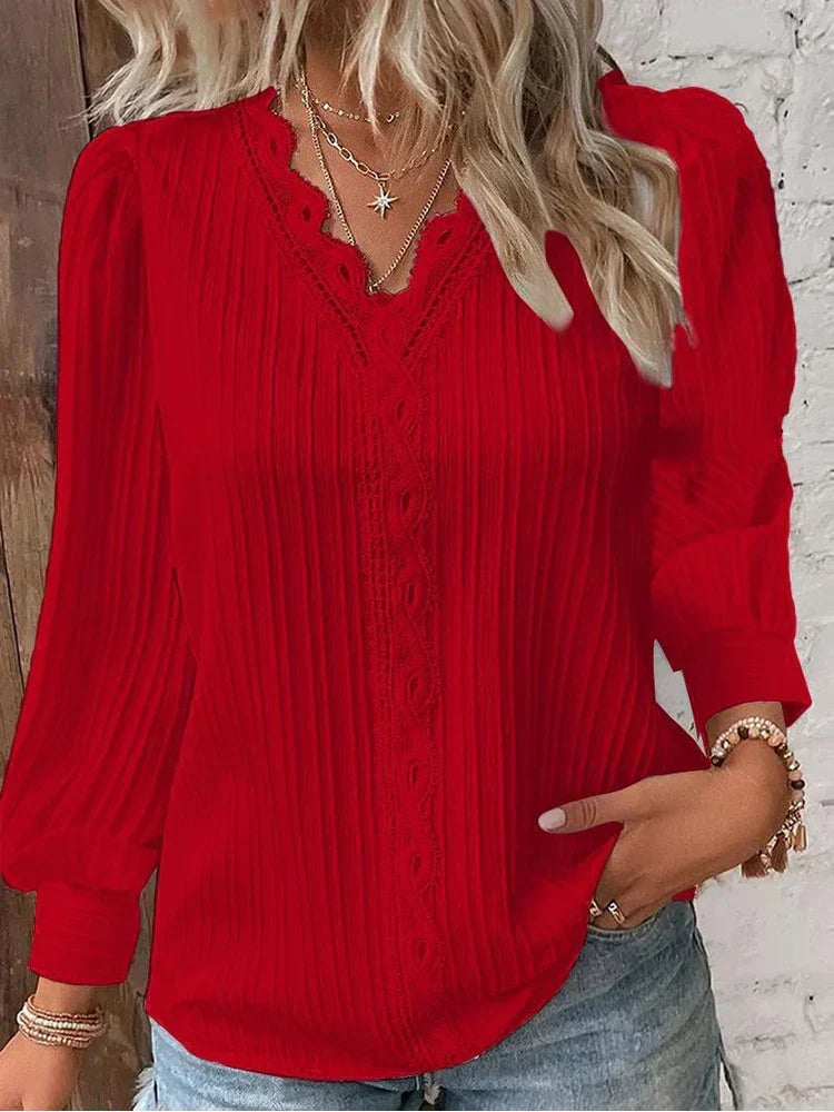 Autumn fashion women's ribbed V-neck blouse with long sleeves, offering versatile and elegant style.