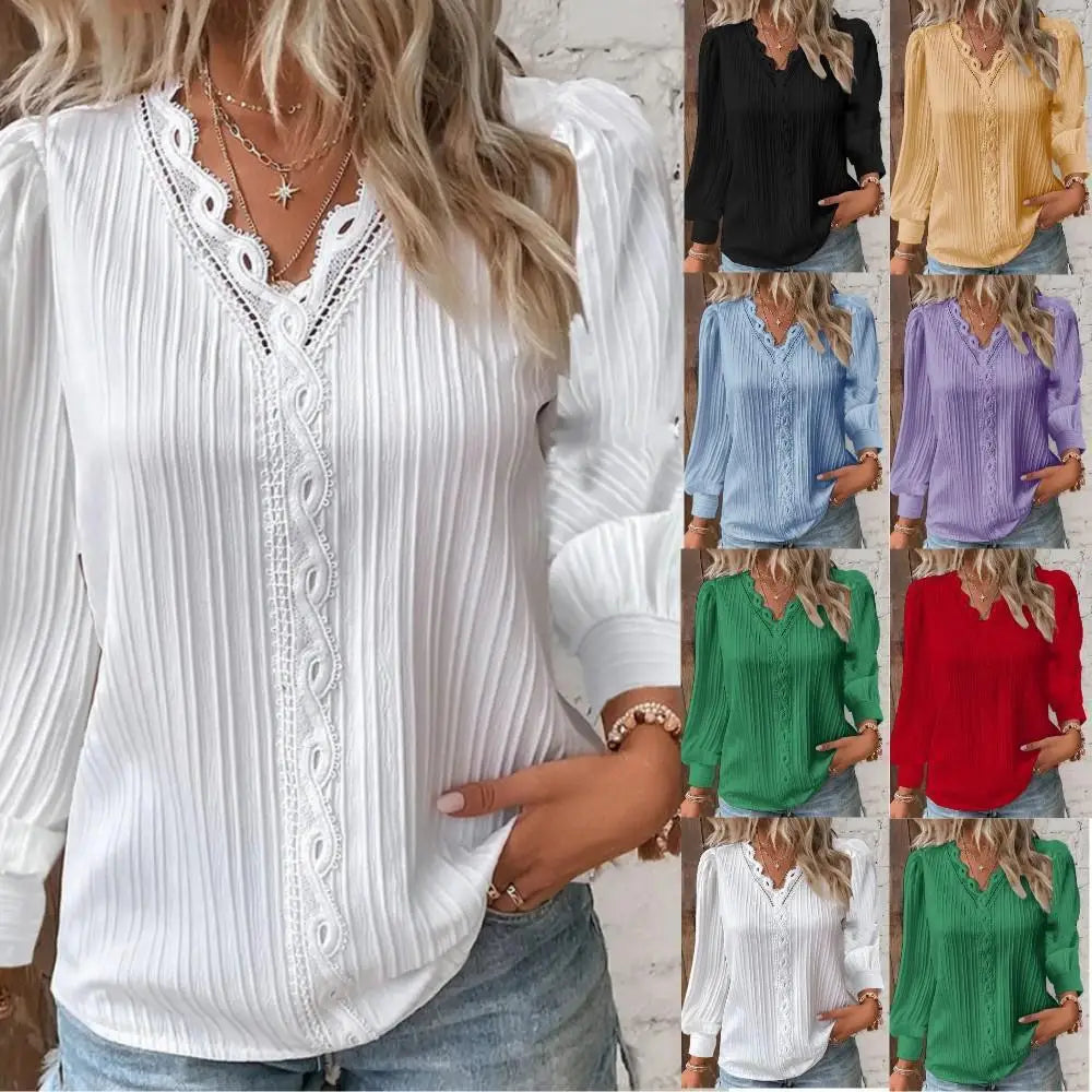 Stylish women's long sleeve V-neck blouse featuring a cozy ribbed texture for autumn daily wear.