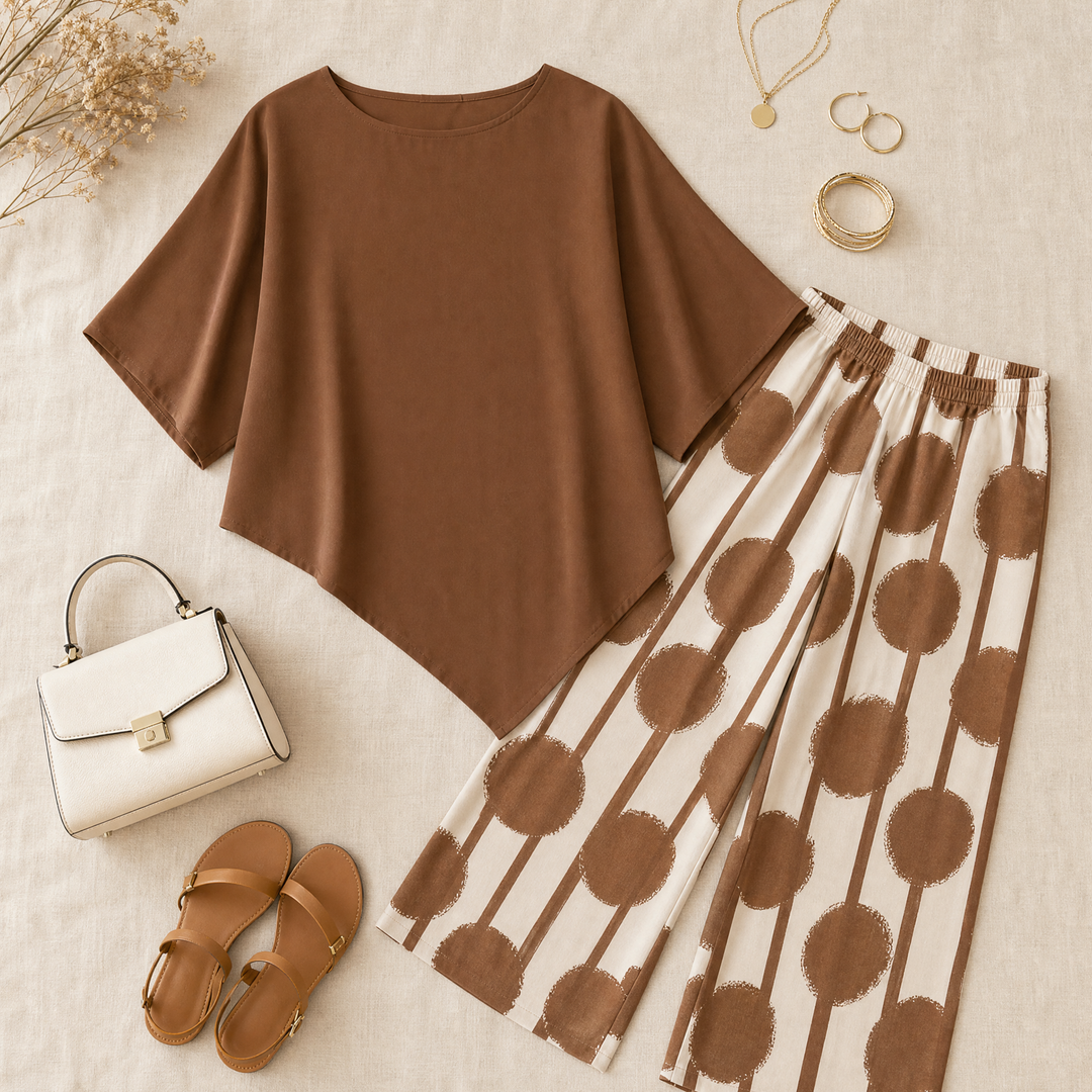 Delvara matching set: flowy wide-leg pants and coordinating top for versatile outfits.