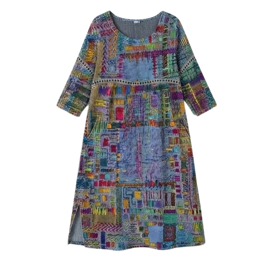 Comfortable women's vibrant boho print midi dress. Relaxed fit, flowy design, and essential pockets.