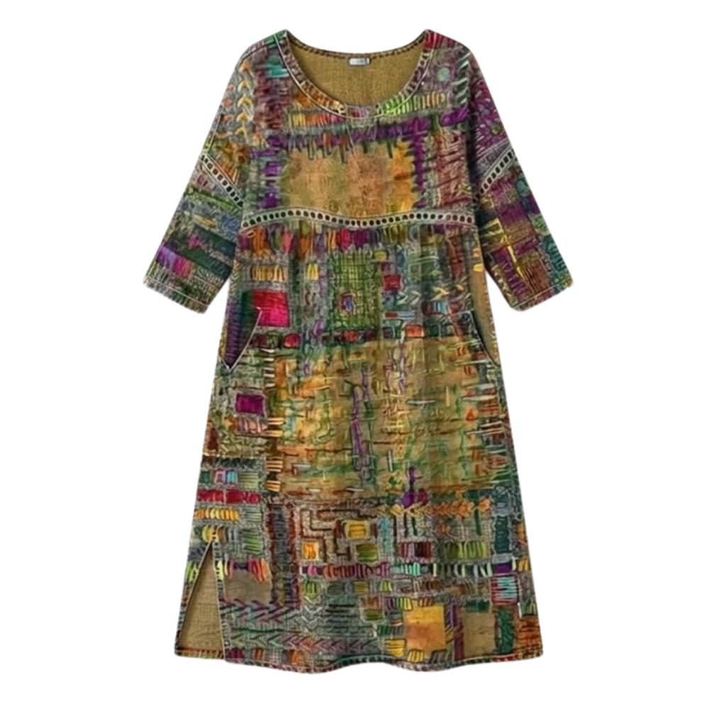 Summer-ready women's vibrant boho print midi dress, offering a relaxed fit, flowy feel, and pockets.