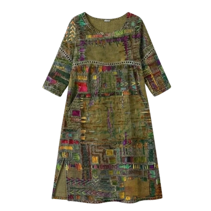 Gorgeous vibrant boho print midi dress for women. Relaxed fit, flowy design, and handy pockets for summer.