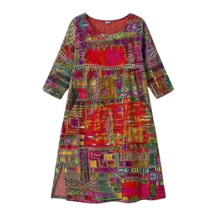 Casual women's vibrant boho print midi dress. Effortless style with a relaxed fit, flowy fabric, and pockets.