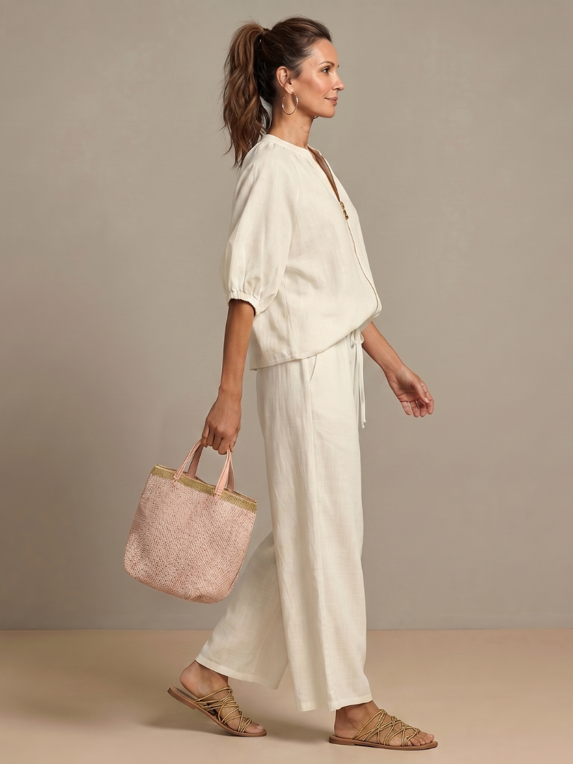 Women's casual chic co-ord set with comfortable wide leg pants and a versatile zip top.