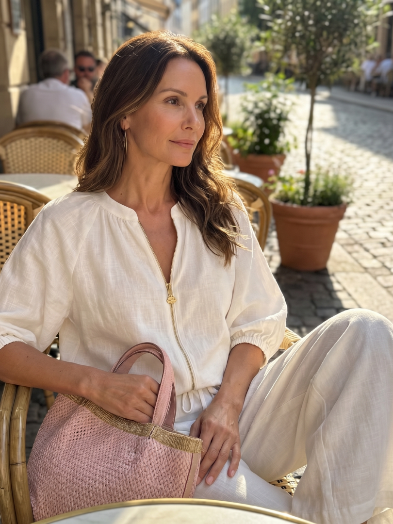Everyday wear women's co-ord with a relaxed silhouette: wide leg pants & chic zip-front top.