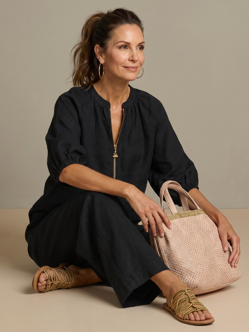 Fashion-forward women's co-ord set showcasing wide leg pants and a zip-front top.